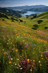 Fototapeta premium Awakening Spring Fields: Vibrant Wildflowers Blanket Marin County Hills in California