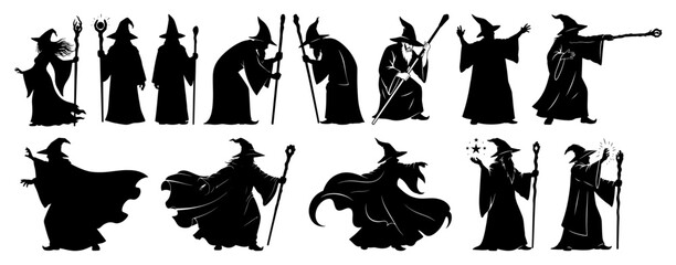 Collection of wizard and sorcerer silhouettes with magic staffs and pointed hats vector black fantasy character set