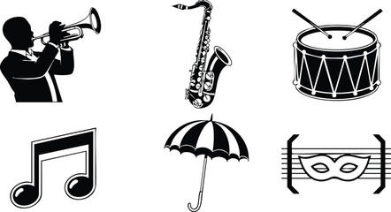 Minimalist flat icon set showing side profile trumpet silhouette, angled saxophone, marching snare drum, music note, parade umbrella, masquerade mask in three by two black silhouettes