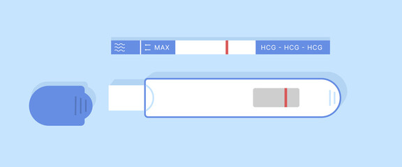 Negative pregnancy test strip and plastic. Isolated objects.
