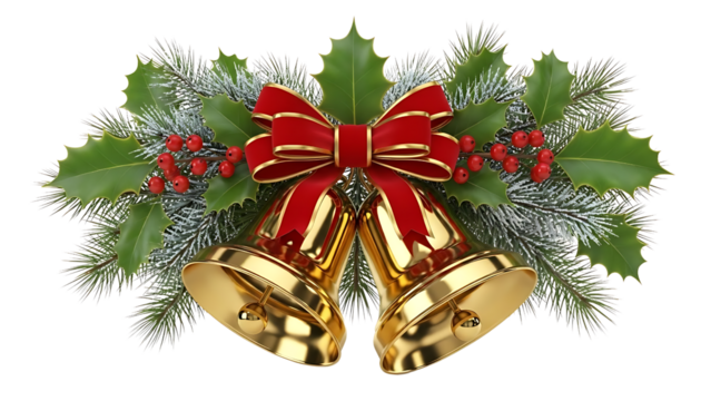 Festive golden christmas bells decoration with red ribbon holly and pine branches