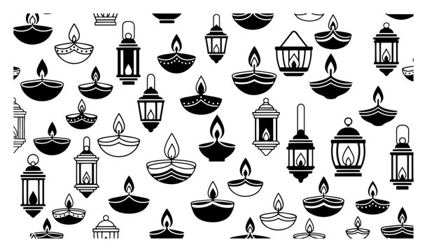 Traditional Diwali festival seamless pattern with oil lamps and lanterns vector Indian holiday background with Diya icons and Deepavali celebration texture