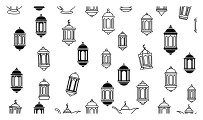 Set of Decorative Islamic Lanterns and Lamps Vector Collection of Arabic Ramadan Symbols and Mosque Silhouettes