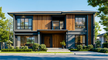 Modern architecture house two-story wood siding windows curtains balcony front door landscaping driveway street trees sunny blue sky