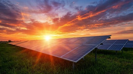 Solar Panel Farm at Sunset with Dramatic Orange and Purple Sky created with Generative AI Technology, ai, generative