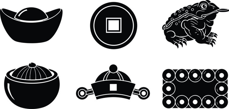 Flat silhouette icon close-up of six chinese new year wealth symbols including yuanbao square coin money frog lidded ingot coin grid decorative banner in high-contrast black