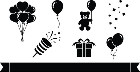 Flat silhouette party icon set with heart balloons, teddy bear holding balloon, confetti burst, gift box and notched ribbon banner, centered layout, landscape orientation, minimalist monochrome