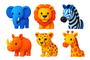 Group of cartoon animals, including a rhino, giraffe, and zebra