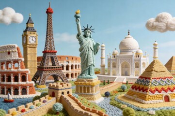 Obraz premium whimsical knitted world, 4K ultra-detailed, World-famous landmarks recreated entirely from knitted materials, every structure and detail made of soft yarn, wool textures, knitted patterns and crochet 