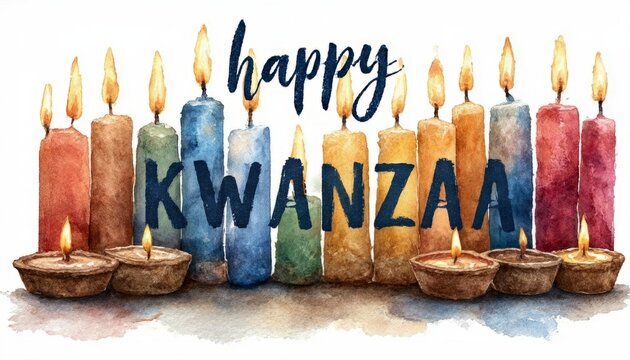 Happy Kwanzaa celebration watercolor background with candles