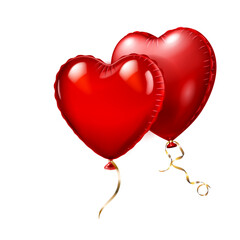 Two shiny red heart-shaped balloons with golden ribbons floating on a plain white background, symbolizing love and celebration.