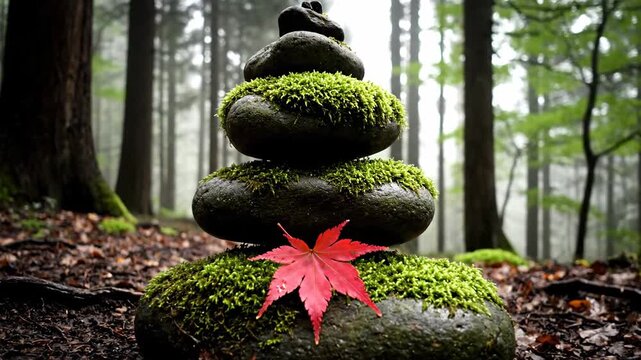Stacked moss covered rocks with red leaf in misty forest environment
