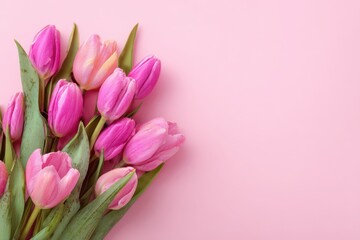 Obraz premium Charming Floral Arrangement of Pink Tulips on Soft Pink Canvas for Celebratory Occasions