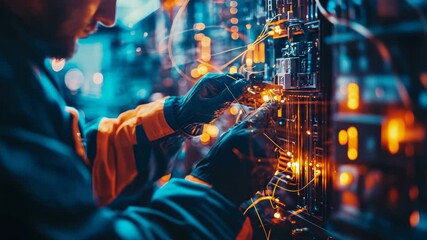 Skilled technician wearing protective gloves meticulously works on complex electronic circuitry, surrounded by glowing data connections and intricate components in a high-tech setting - Powered by Adobe