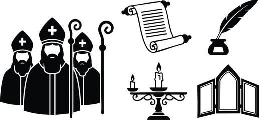 Flat silhouette icon set showing three bearded bishops wearing mitres and holding crozier, scroll and quill, plus candelabrum, triptych and inkpot in horizontal layout centered composition