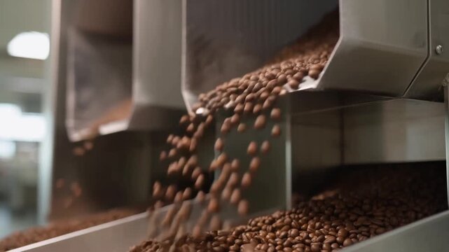Coffee beans pouring out of machinery, signifying industrial production and fresh coffee Stock Video
