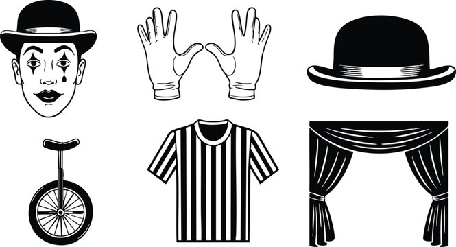 Minimalist line art circus icon set showing front facing mime face with painted tears, palms out gloves, bowler hat, side view unicycle, striped shirt, stage curtain black and white
