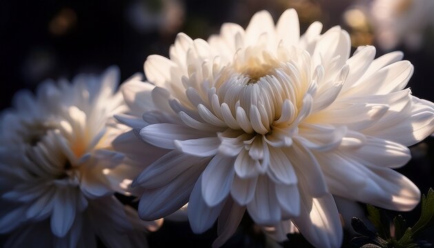 blurred close up of white chrysanthemum flowers in soft focus style on a dark backdrop evoking a dreamy and delicate floral concept