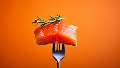fresh salmon fillet on fork garnished with rosemary against vibrant orange background evoking sense of culinary delight and freshness