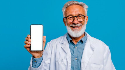 Smartphone technology gadget innovation communication device screen handheld mobile digital modern user man scientist lab coat glasses beard happy professional blue background