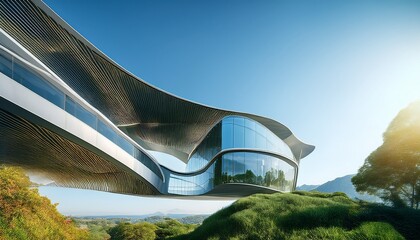modern architectural design featuring futuristic building with glass facades and geometric lines surrounded by greenery and clear sky