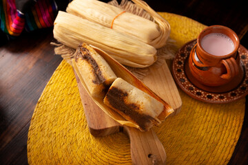 Tamales. Traditional dish typical of Mexico and some Latin American countries. Corn dough wrapped in corn leaves. The tamales are steamed.