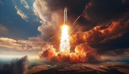 powerful missile launches into sky leaving trail of fire and smoke against dramatic cloud filled backdrop