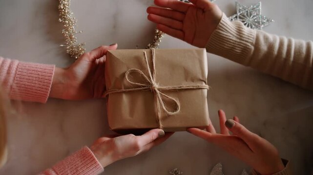 Hands gently passing a beautifully wrapped gift, symbolizing sharing and thoughtful gestures. The gift is wrapped in brown paper, tied with twine, and held by two individuals. Stock Video