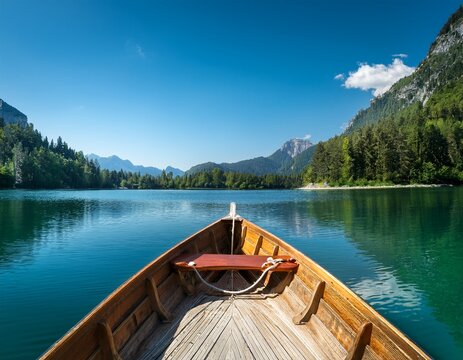 serene landscape featuring wooden boat on calm waters surrounded by lush green mountains and clear blue sky evokes tranquility and adventure