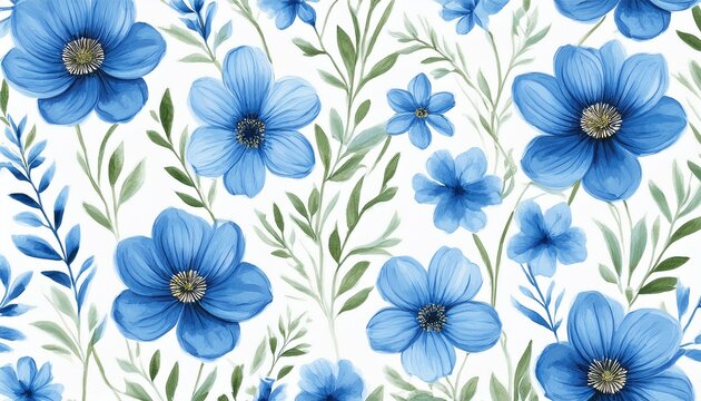seamless pattern with blue flowers painted in watercolor style on a white background elegant floral design - Powered by Adobe