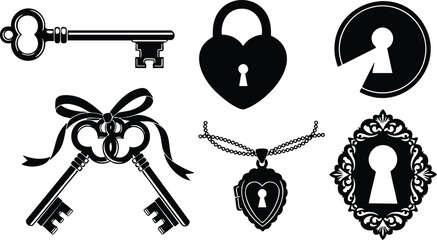 Silhouette vector art close-up showing six black skeleton keys and heart-shaped lock icons in two rows with ribbon-tied crossed keys, pendant lock and ornate keyhole plate