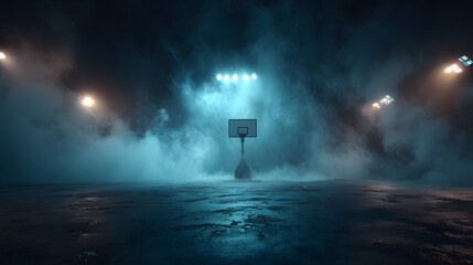 Moody basketball court with illuminated hoop surrounded by dramatic blue smoke under spotlights in a dark, atmospheric setting.