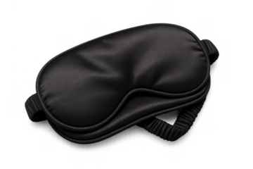 Black silk sleep mask providing comfort and relaxation, promoting better sleep or assisting travel rest, transparent background