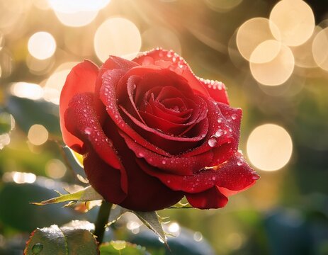 stunning red rose with dew drops glistening its petals surrounded by soft blurred background of greenery and warm bokeh lights evokes sense