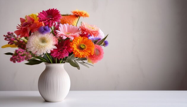 vibrant bouquet of colorful flowers in white vase against light background creates cheerful and inviting atmosphere