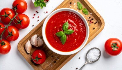 Fresh Tomato Soup with Ingredients on Wooden Tray, Culinary Presentation, Gourmet Meal