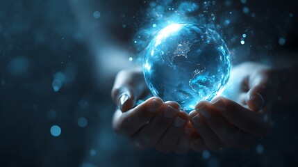 Glowing earth in hands concept for global technology and innovation with energy and power ideas