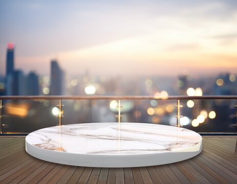 marble empty round table rooftop penthouse bar restaurant hotel lounge copy space blurred city bokeh light background - Powered by Adobe