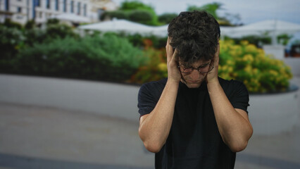 Young hispanic man with glasses holding hands to ears and pressing cheeks on urban street beside...
