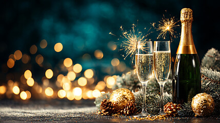 Sparkling champagne bottle with two flutes filled with bubbly, surrounded by festive decorations, pine branches, and golden ornaments, creating a celebratory atmosphere for New Years Eve
