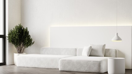 Cloud dancer is a trend color of the year 2026 in the luxury living lounge. Textured mockup wall for art - clean neutral colour. Template modern room design interior home. Accent furniture. 3d render