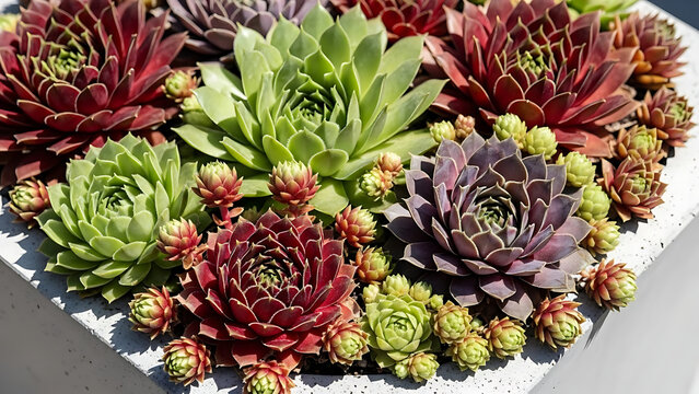 Close-up shot of a cluster of diverse succulent plants in varying shades of green, red, and purple - Powered by Adobe