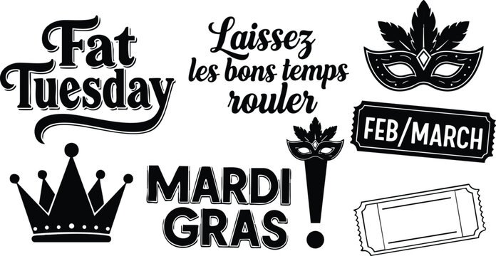 Vintage stamp style mardi gras lettering set showing fat tuesday and laissez les bons temps rouler scripts with crown mask fleur de lis ticket gritty black