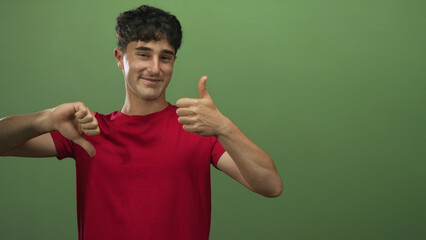 Young hispanic man showing thumbs up and thumbs down gestures in studio with green backdrop wearing...