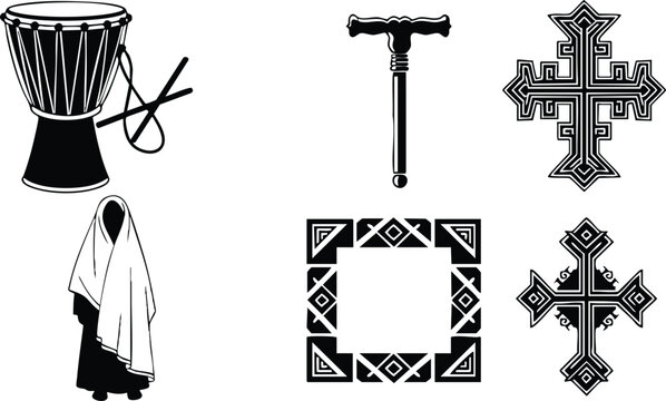 Silhouette vector close-up of djembe drum with rope tuning, walking veiled woman facing left, ethiopian ornate crosses and tribal square frame, black and white icons