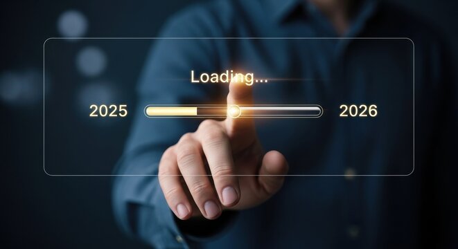 businessman hand touching virtual interface with 2026 loading progress bar from 2025 - Powered by Adobe