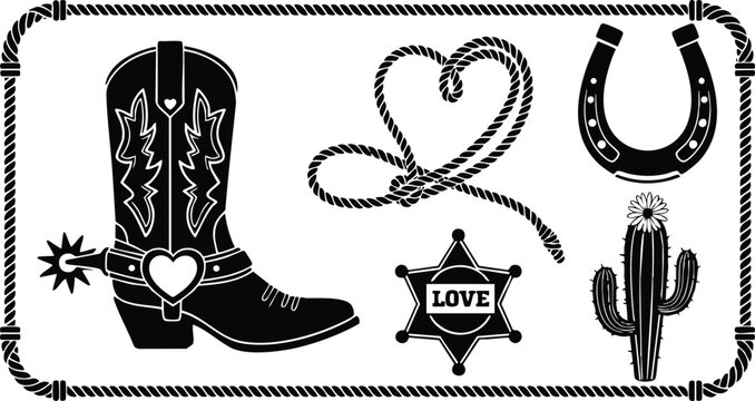 Western vintage stamp style close-up left-facing cowboy boot with heart spur, lasso heart knot, sheriff love badge, hanging horseshoe and cactus inside rope frame bold silhouette