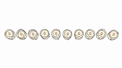 Abstract cell sequence illustration on clean white background, biological cell sequence shows distinct organic forms arranged linearly,