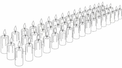 Naklejka premium Outline candles in long row with flickering flames creating solemn atmosphere. Outline candles show simple line drawing style, perfect for various design projects and contemplative themes.