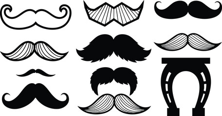 Flat vector sheet close-up of assorted black mustache silhouettes and lined vintage handlebar, chevron and bushy styles centered bold arranged in three columns barber logo set